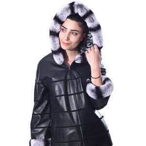 Anna Womens Real Rex Fur Leather Jacket with Hood